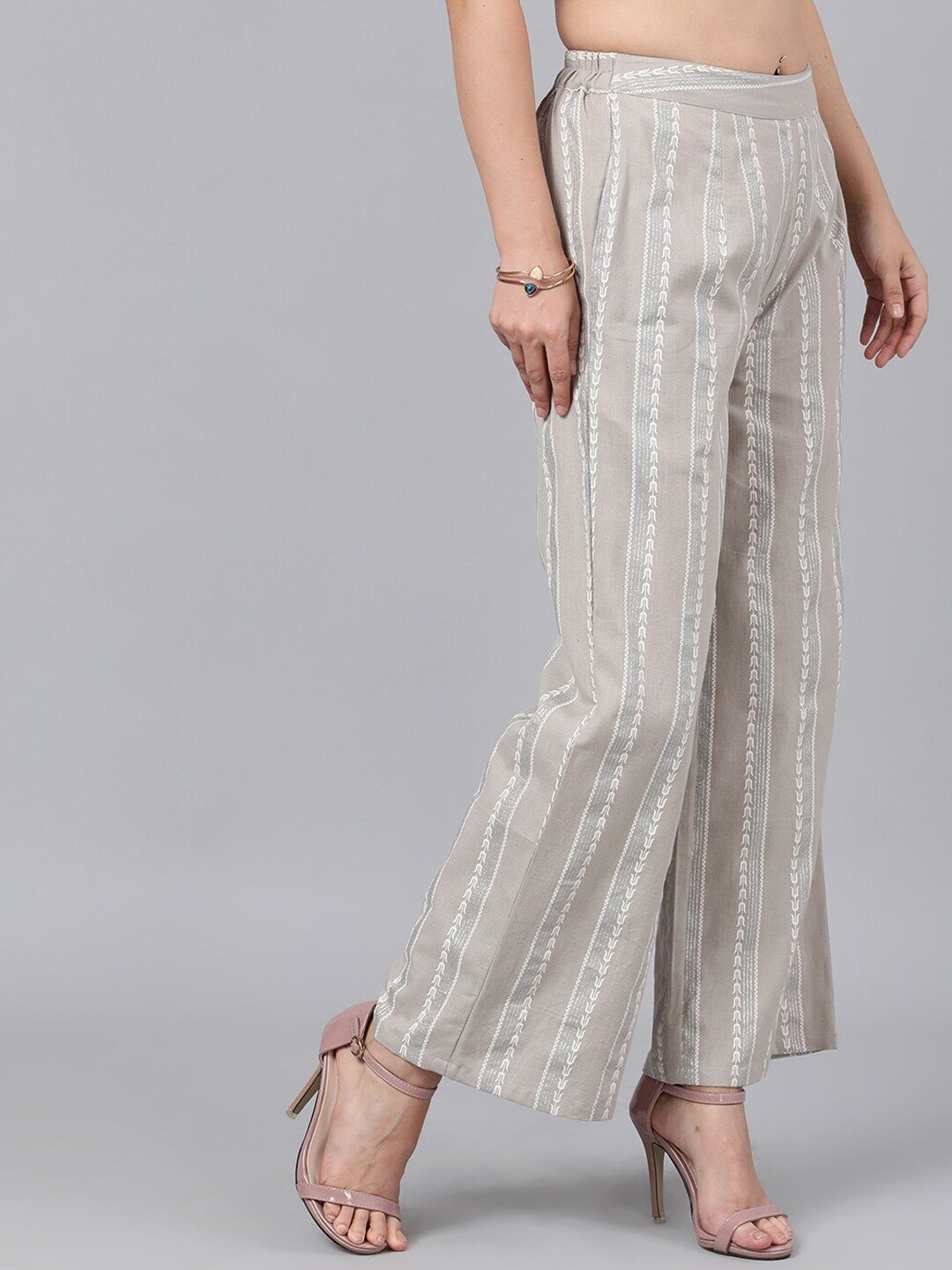 Women's  Grey & Off-White Printed Straight Palazzos