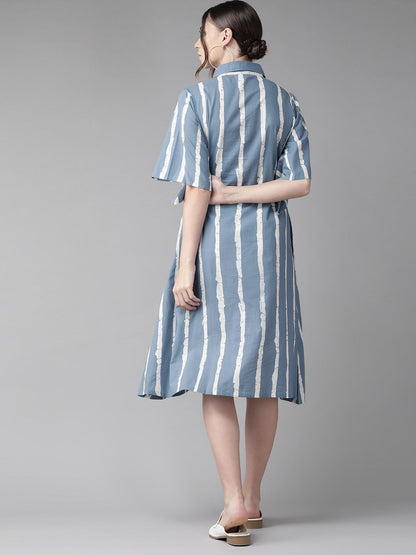 Women's  Blue & White Striped Shirt Dress