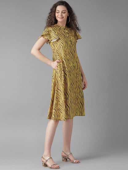 Women's  Yellow & Charcoal Grey Zebra Print A-Line Dress