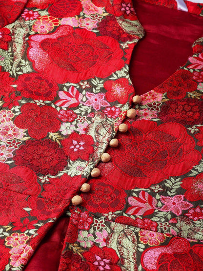 Women's  Red & Green Self Design Longline Ethnic Jacket
