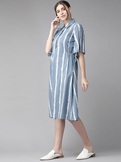 Women's  Blue & White Striped Shirt Dress