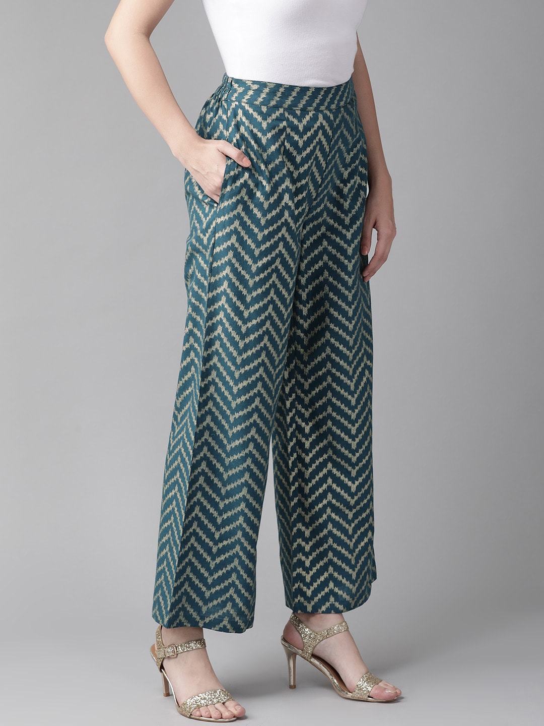 Women's  Teal Blue & Golden Printed Straight Palazzos