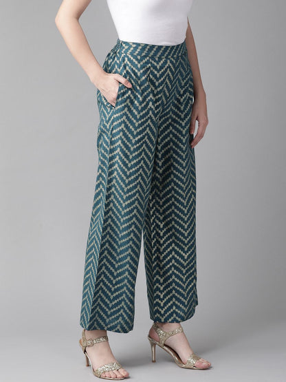 Women's  Teal Blue & Golden Printed Straight Palazzos