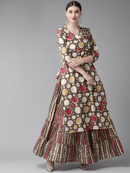 Women's  Brown & Off-White Printed Kurta with Skirt