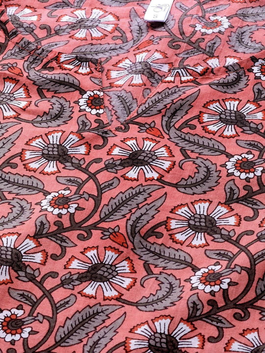 Women's  Pink & Charcoal Grey Ethnic Printed Kurta with Skirt & Dupatta