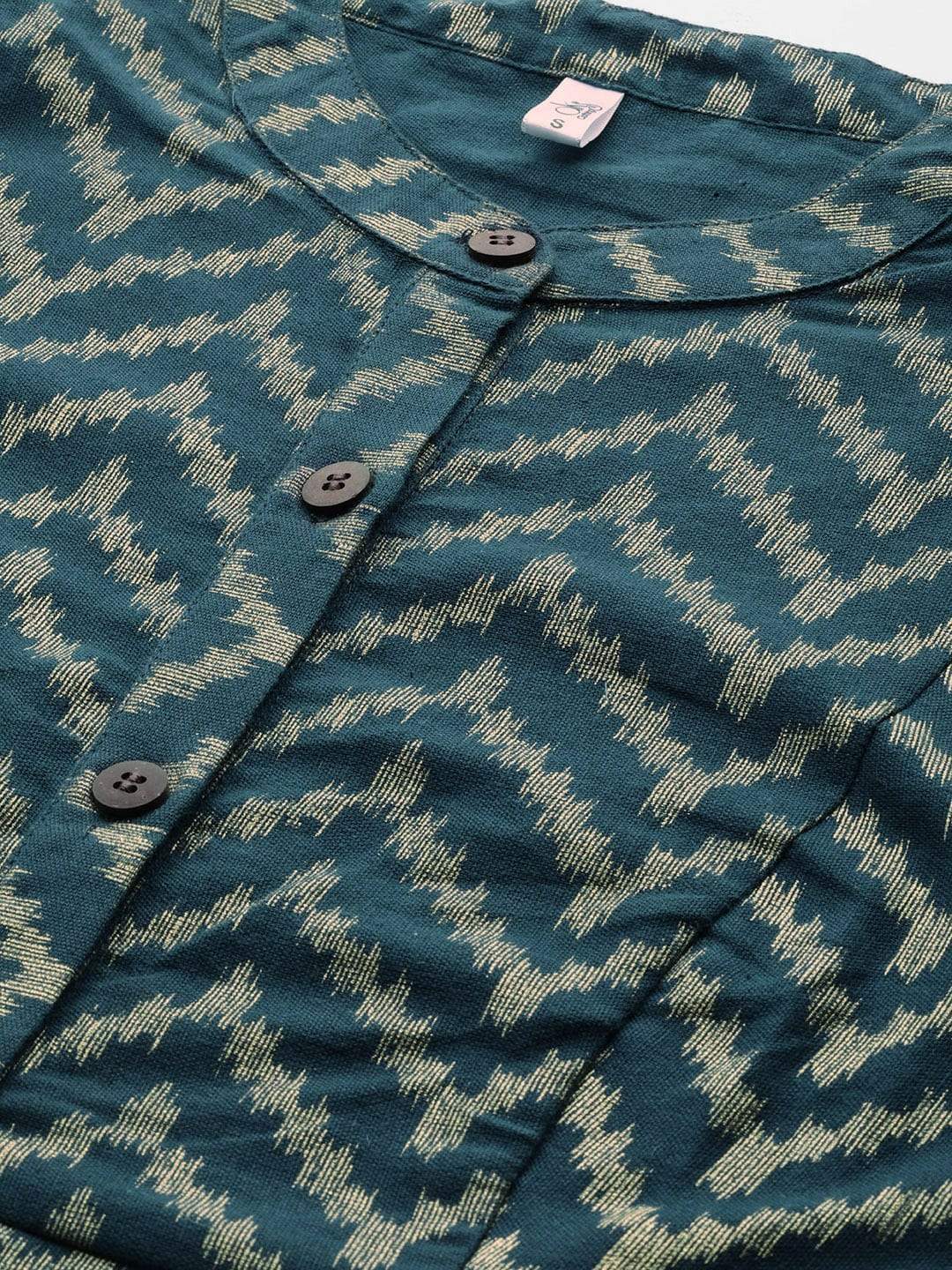 Women's  Teal Blue & Golden Chevron Print A-Line Kurta