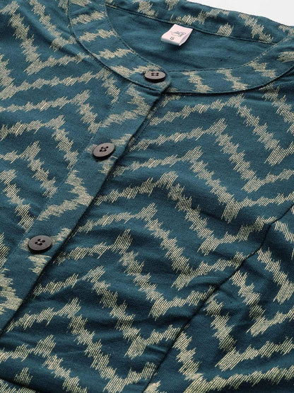 Women's  Teal Blue & Golden Chevron Print A-Line Kurta