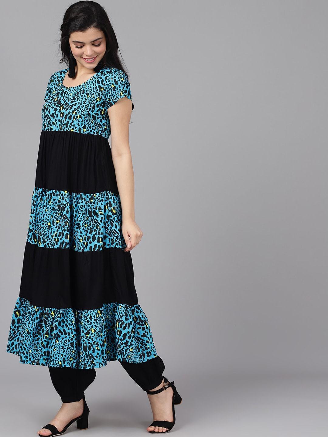 Women's  Blue & Black Animal Print Anarkali Kurta