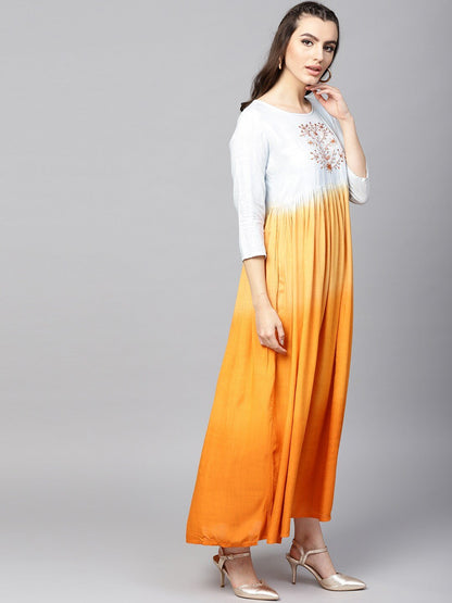 Women's  Orange & Blue Dyed A-Line Kurta