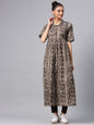 Women's  Brown & Grey Printed A-Line Kurta