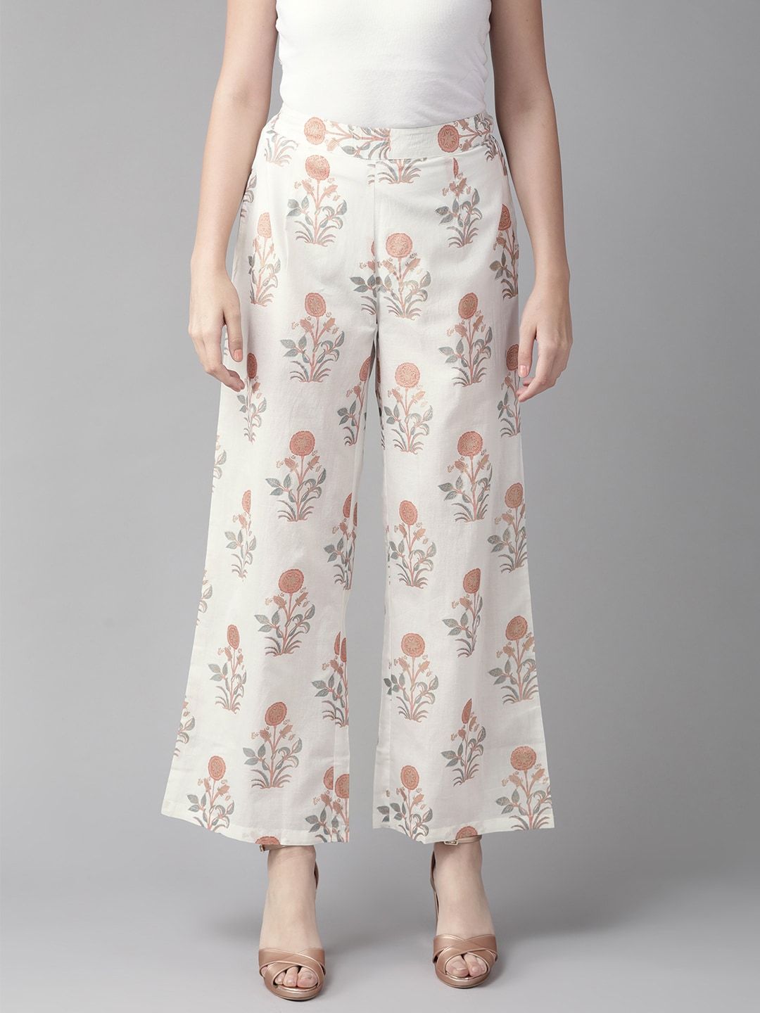 Women's  White & Rust Red Printed Straight Palazzos