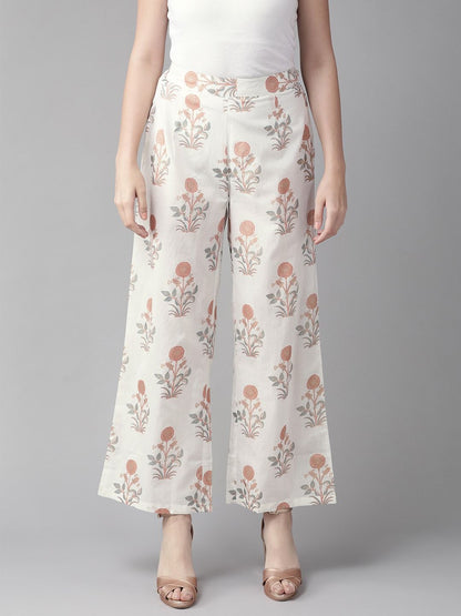 Women's  White & Rust Red Printed Straight Palazzos
