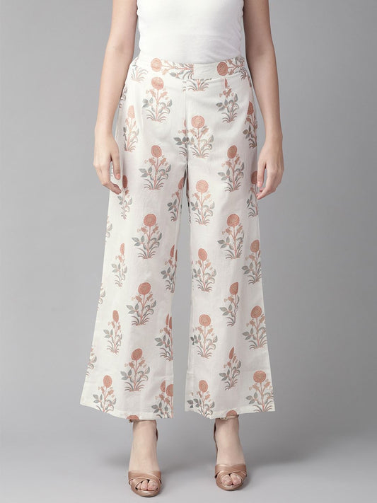 Women's  White & Rust Red Printed Straight Palazzos