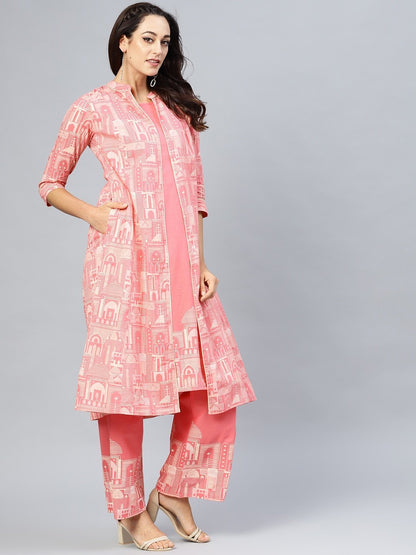 Women's  Pink & Off-White Khari Print Layered A-Line Kurta