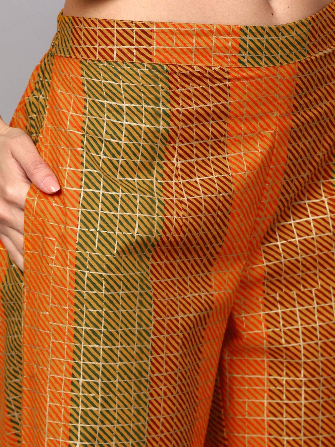 Women's Mustard Khari Print Cotton Kurta With Palazzos & Dupatta