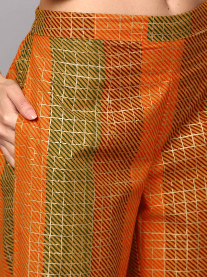 Women's Mustard Khari Print Cotton Kurta With Palazzos & Dupatta