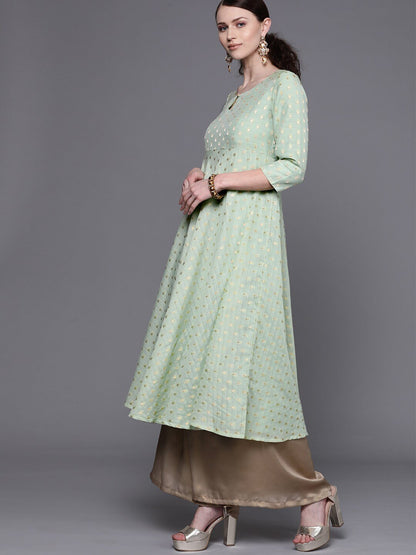Women's  Green & Golden Woven Design Empire Anarkali Kurta