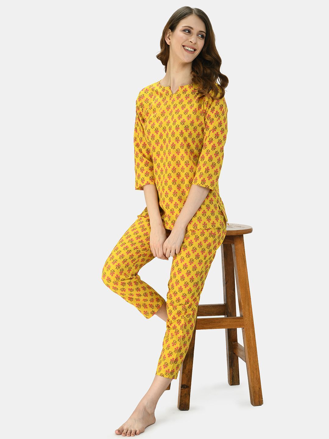 Women's Turmeric Yellow Cotton Printed Half Sleeve V Neck Casual Night Suit