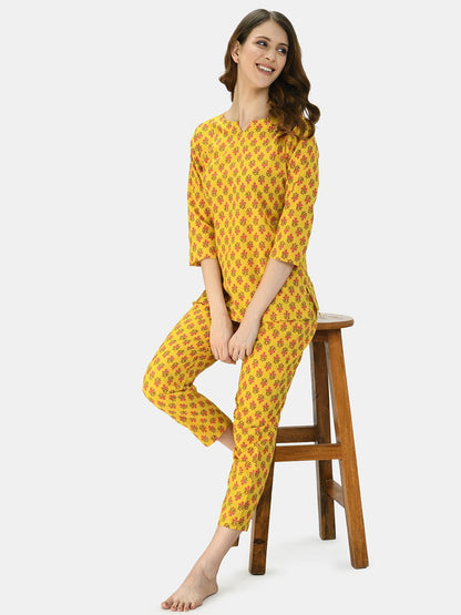 Women's Turmeric Yellow Cotton Printed Half Sleeve V Neck Casual Night Suit