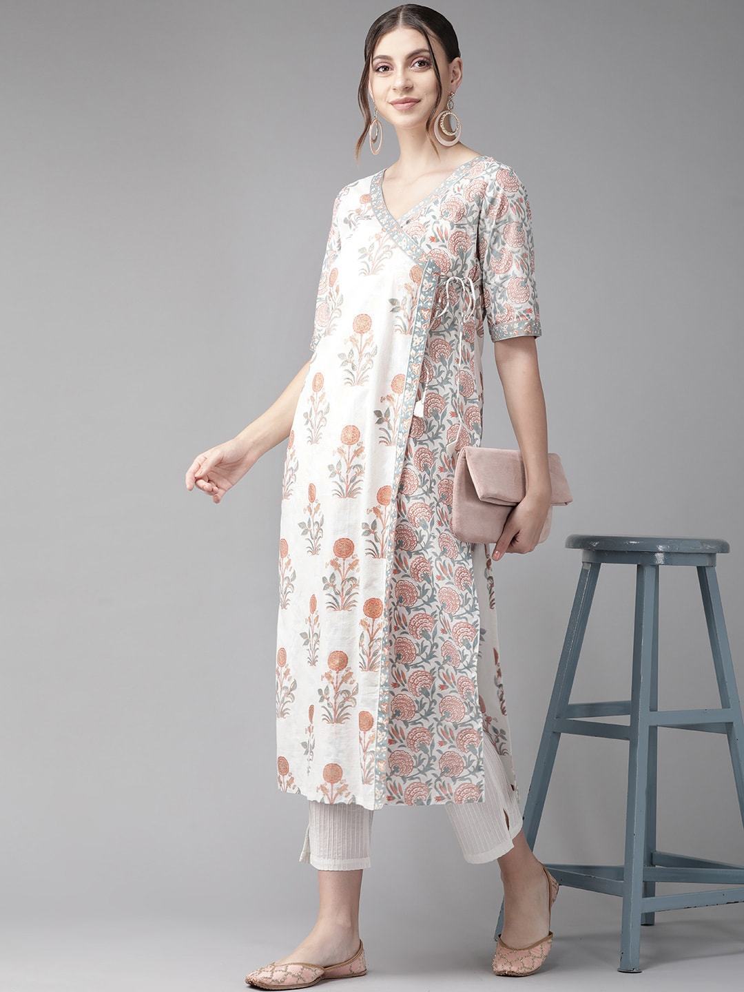 Women's  White & Rust Red Printed Angrakha Straight Kurta
