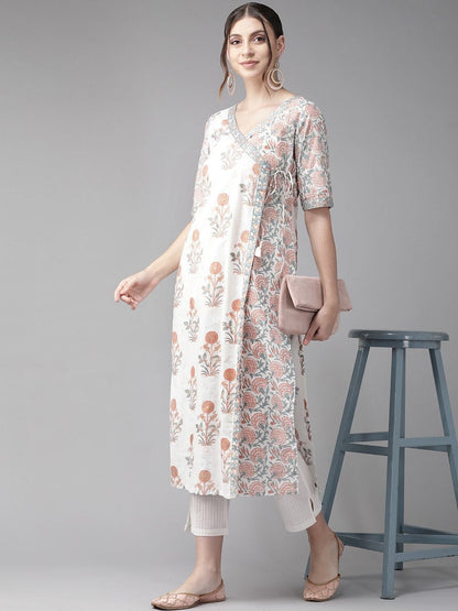 Women's  White & Rust Red Printed Angrakha Straight Kurta