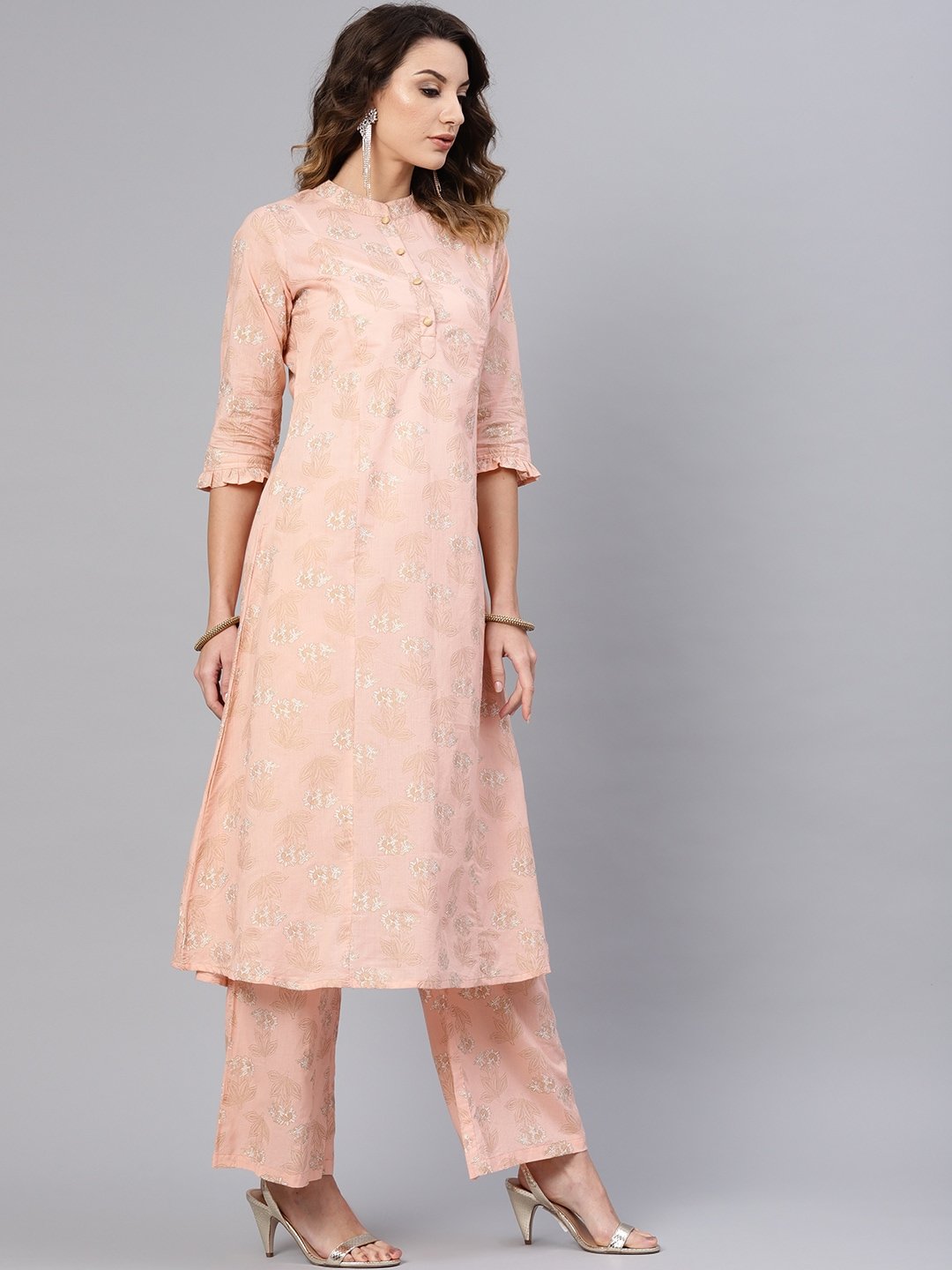 Women's  Peach-Coloured & Golden Floral Print A-Line Kurta