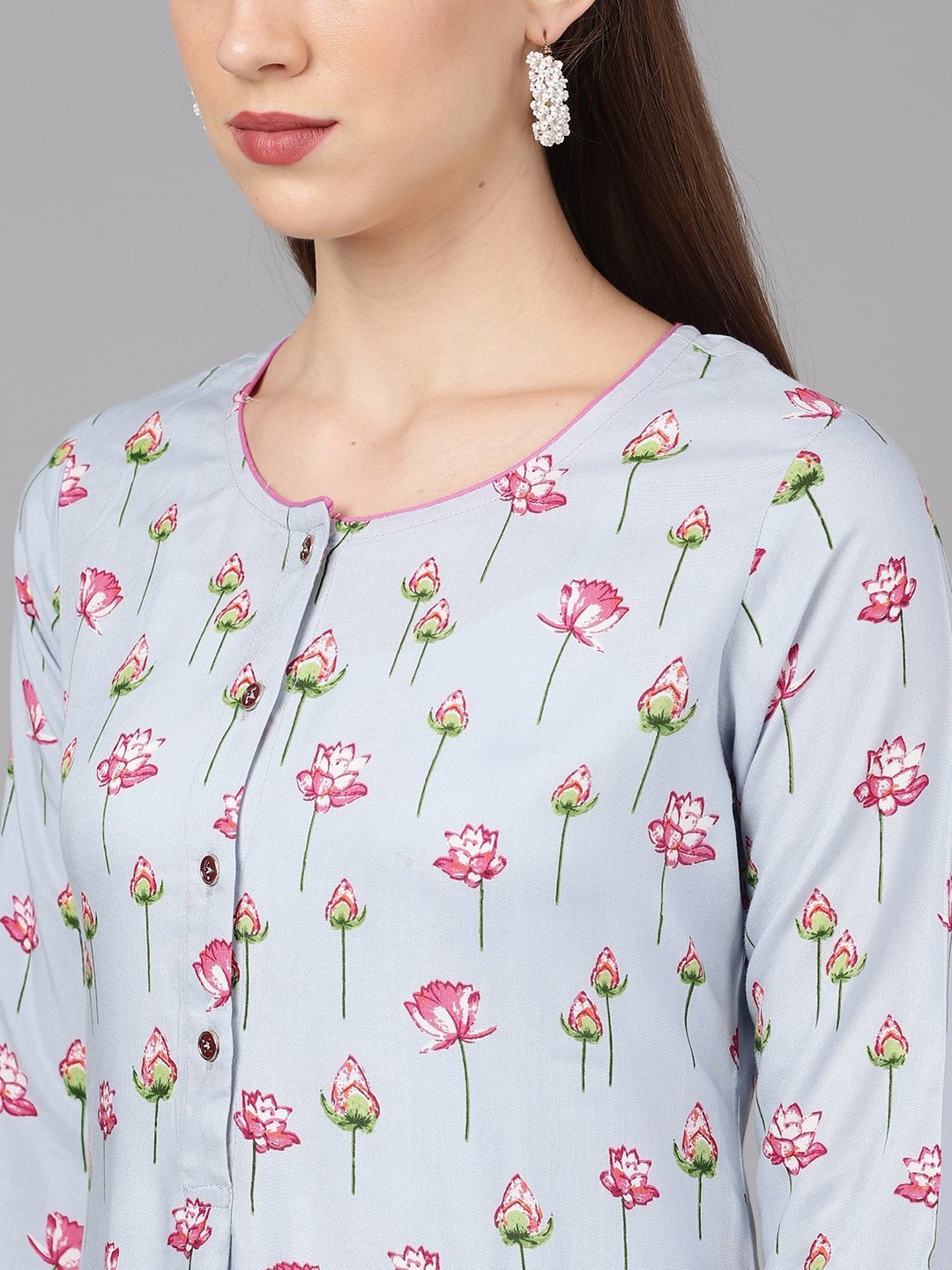 Women's  Blue & Pink Floral Print Straight Kurta