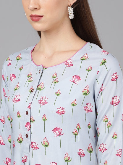 Women's  Blue & Pink Floral Print Straight Kurta