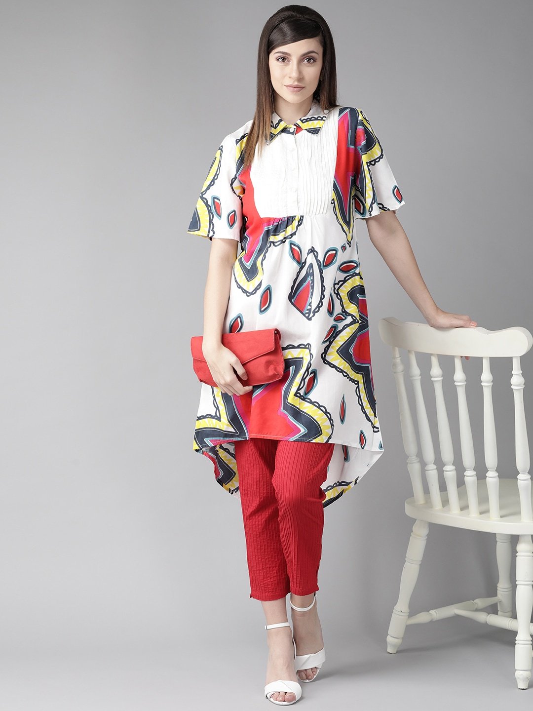 Women's  White & Red Quirky Printed A-Line Kurta