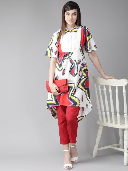 Women's  White & Red Quirky Printed A-Line Kurta