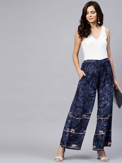 Women's  Navy Blue & Golden Printed Hem Design Wide Leg Palazzos