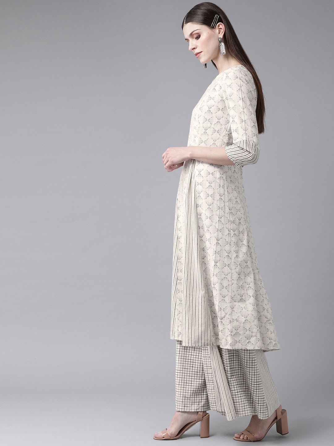 Women's  Off-White & Charcoal Grey Printed Kurta with Palazzos