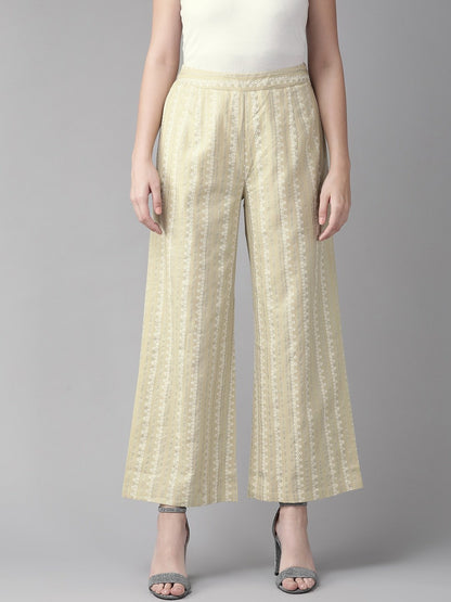 Women's  Beige & White Striped Straight Palazzos