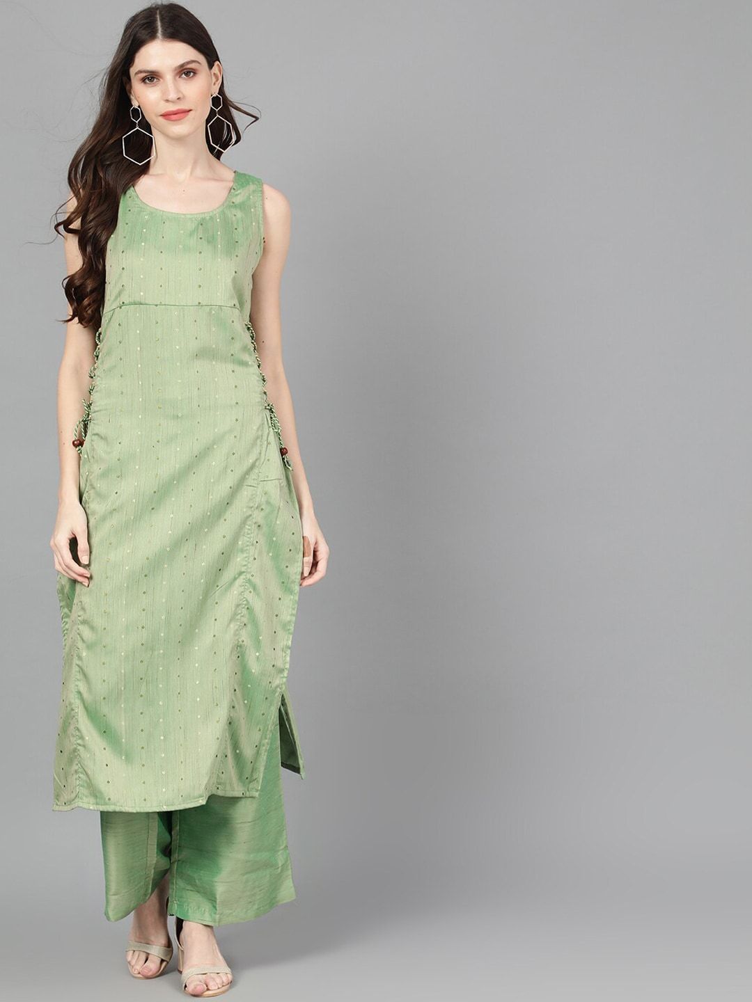 Women's  Green Dobby Woven Design Straight Kurta