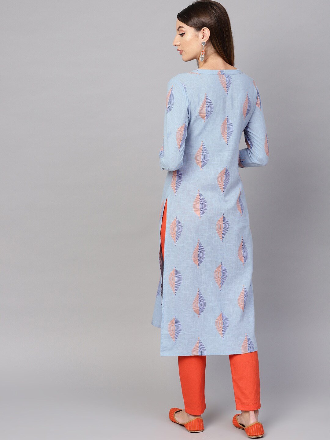 Women's  Blue & Orange Printed Straight Kurta