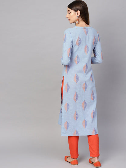 Women's  Blue & Orange Printed Straight Kurta