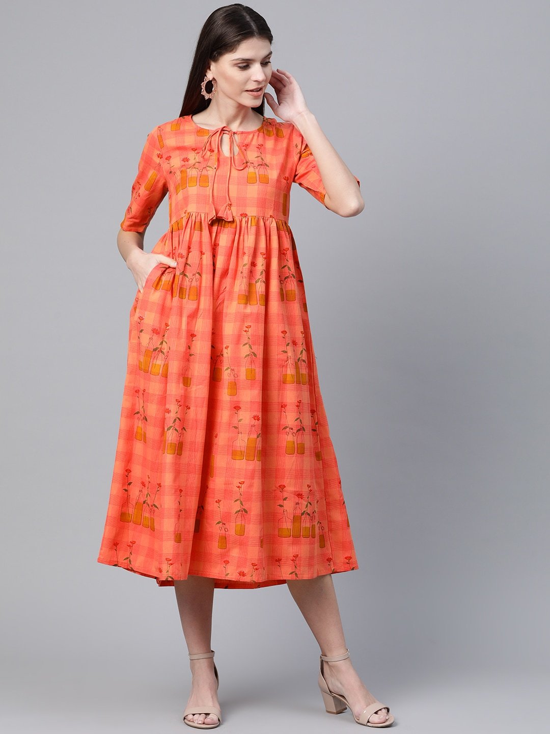 Women's  Peach-Coloured Checked with Conversational Printed A-Line Dress