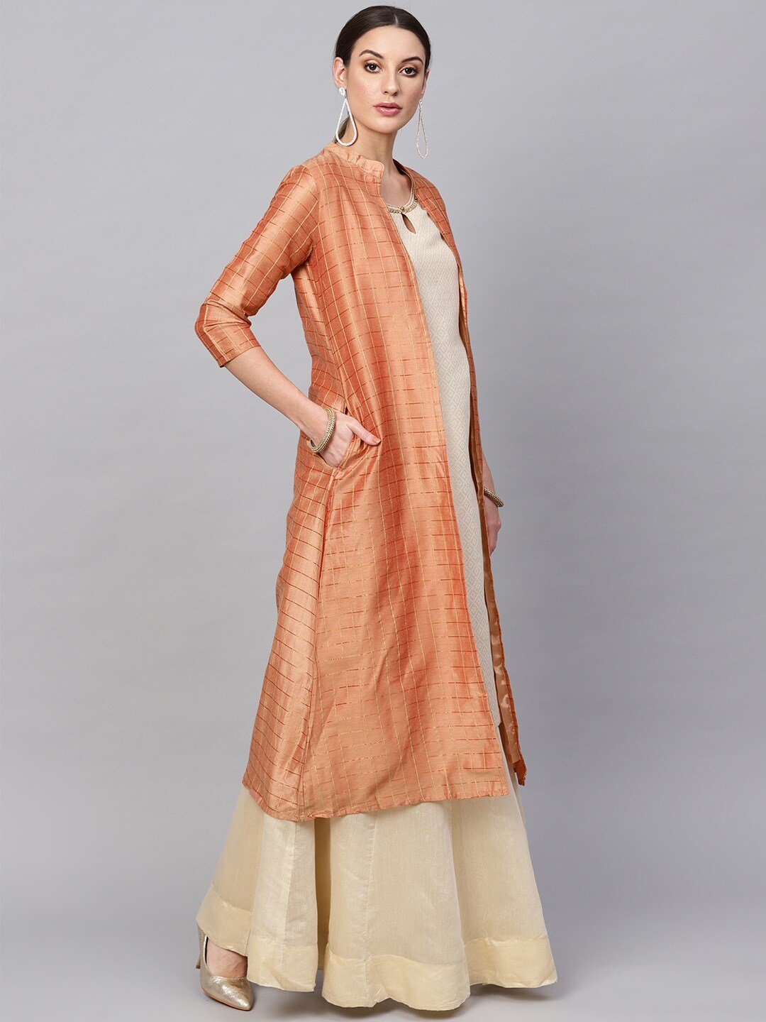 Women's  Peach-Coloured & Golden Checked Open Front Longline Ethnic Jacket