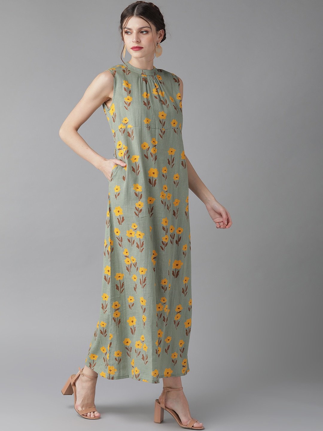 Women's  Green & Mustard Yellow Printed Maxi Dress