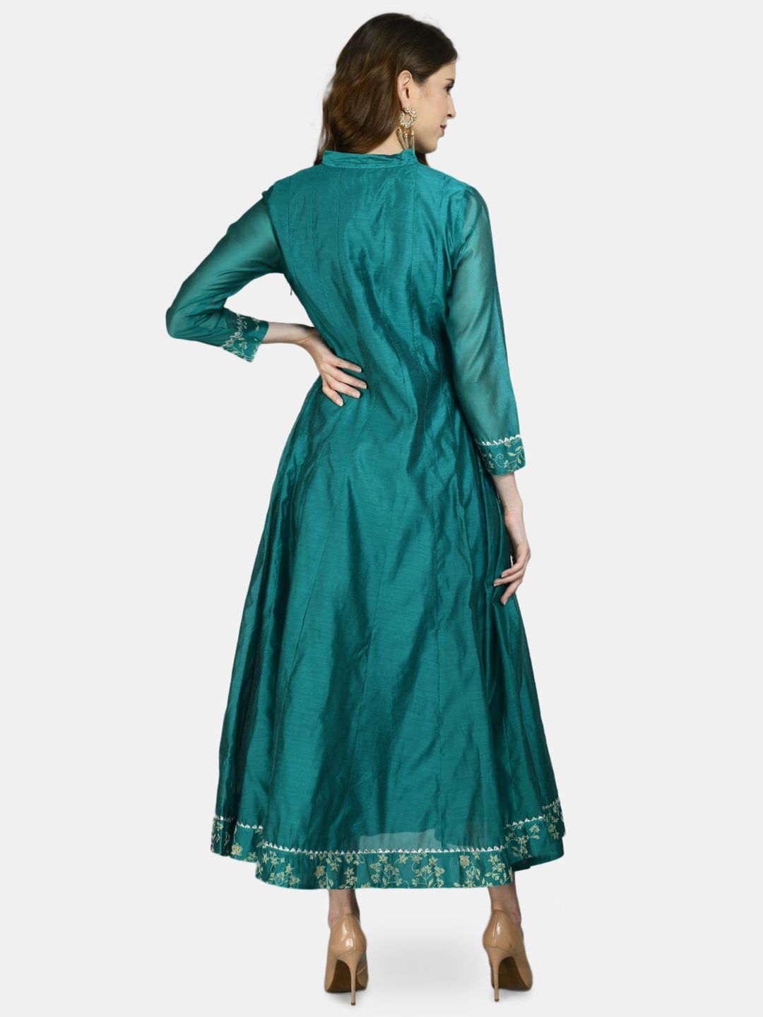 Women's Green Chanderi Silk Solid 3/4 Sleeve Mandarin Neck Casual Anarkali Kurta Dupatta Set