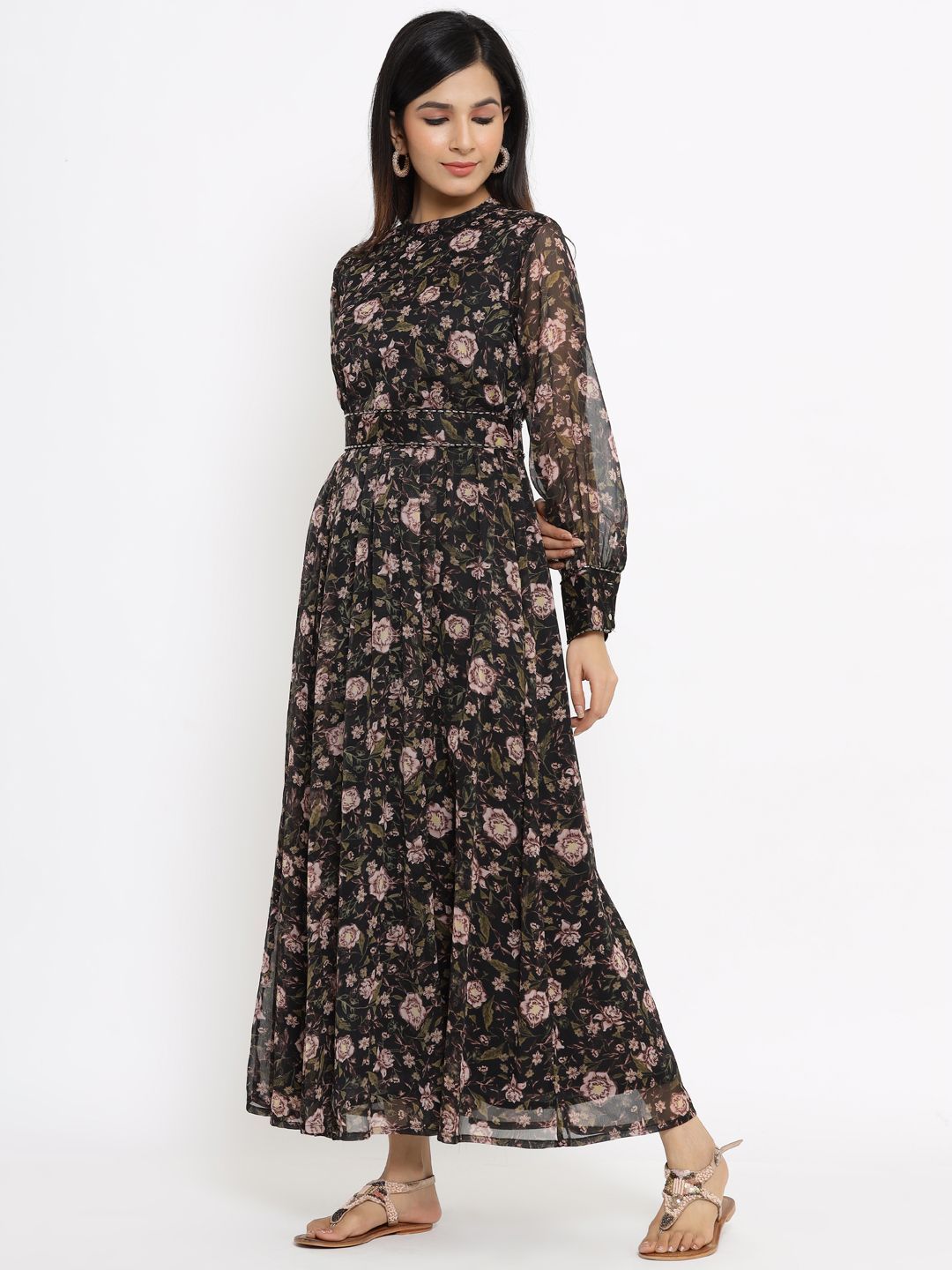 Women's Black Alphin Chiffon Flared Printed Dress With Tie-up Blet