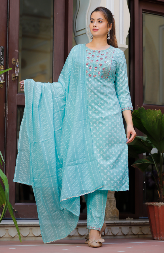 Women's Sky Blue Kurta With Pant And Dupatta Set