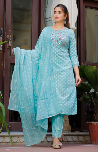 Women's Sky Blue Kurta With Pant And Dupatta Set
