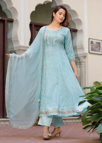 Women's Sky Blue Anarkali Embroidered Kurta With Pant And Dupatta Set