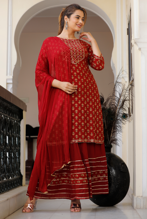 Women's Maroon Straight Kurta with Skirt And Dupatta