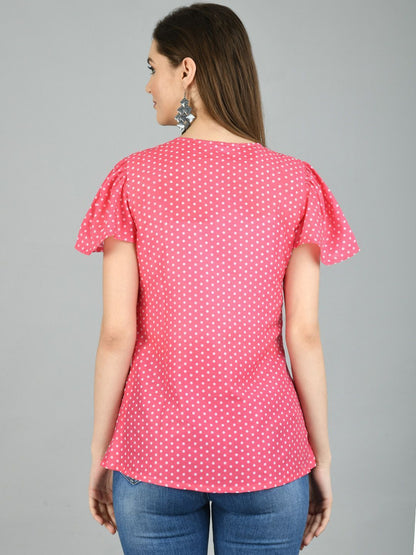 Women's Pink Polyester Printed Half Sleeve Round Neck Casual Top
