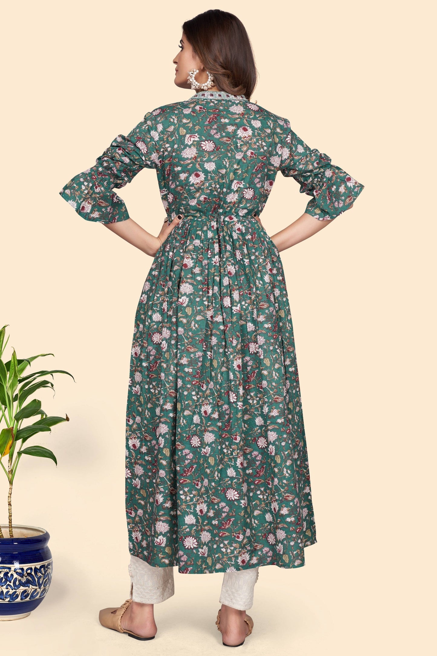 Women's Floral Print A-Line Cotton Aqua Stitched Kurta