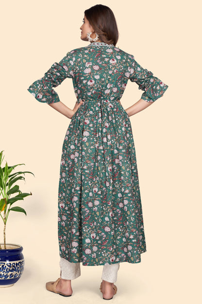 Women's Floral Print A-Line Cotton Aqua Stitched Kurta