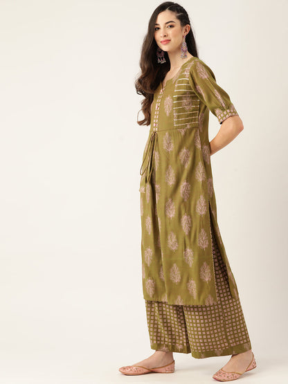 Women's Mehndi Color Rayon Blend Printed Kurta Palazzo With Dupatta