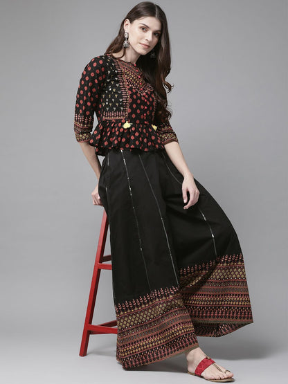 Women's Cambric Printed Peplum Crop-Top With Palazzo